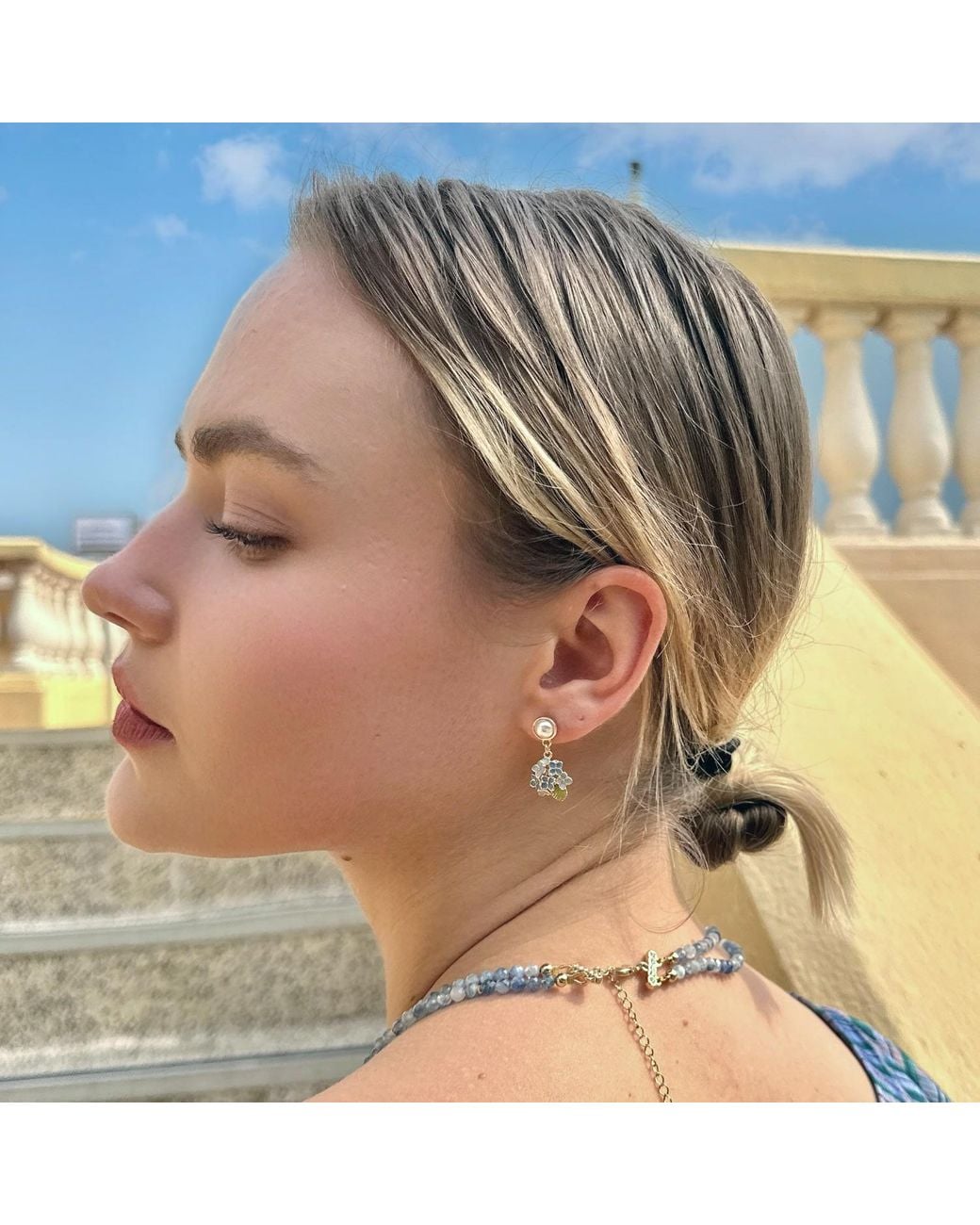 Farra Blue Flower Dangle With Pearls Stud Earrings