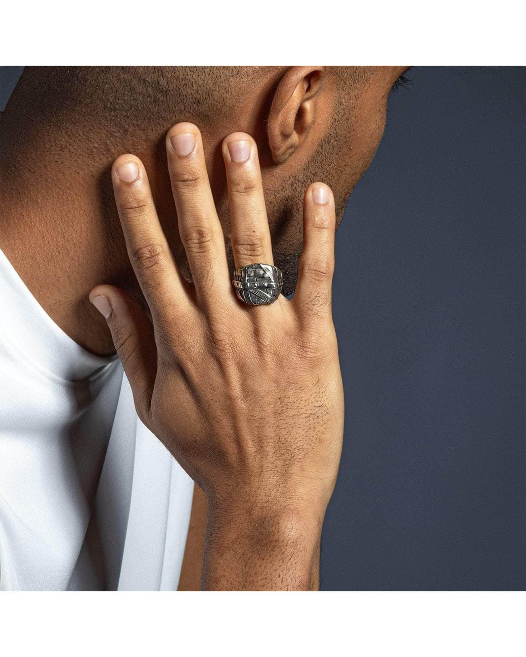 German Kabirski Metallic Gridlock Oxidized Ring With Layered Wrapped Metal Look for men