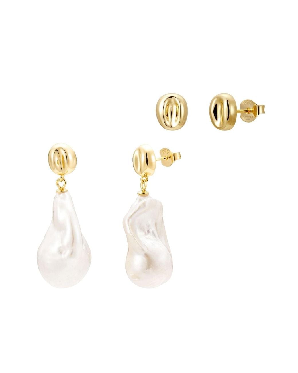 Nazzar Metallic Pebble Stud & Baroque Pearl Drop Earring Set