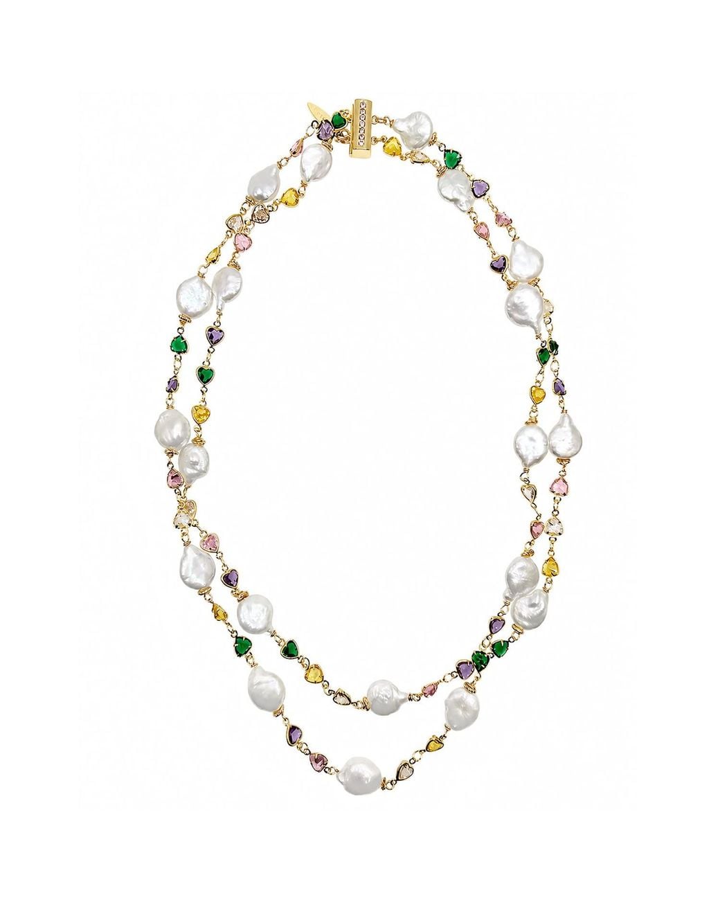 Farra Metallic Colorful Zircon Chain With Baroque Pearl Double Layers Necklace