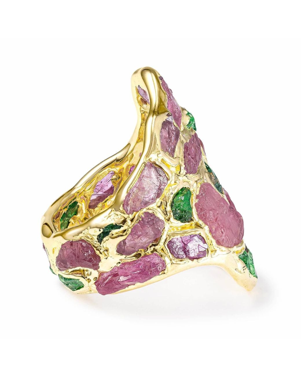 German Kabirski Pink Kelea Handcrafted Plated Ring With Raw Spinel And Tsavorite Garnet