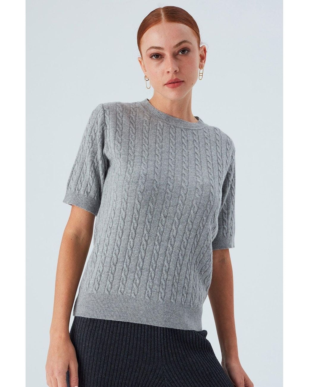Peraluna Gray Nicole Cable Knit Cashmere Blend Short Sleeve Blouse