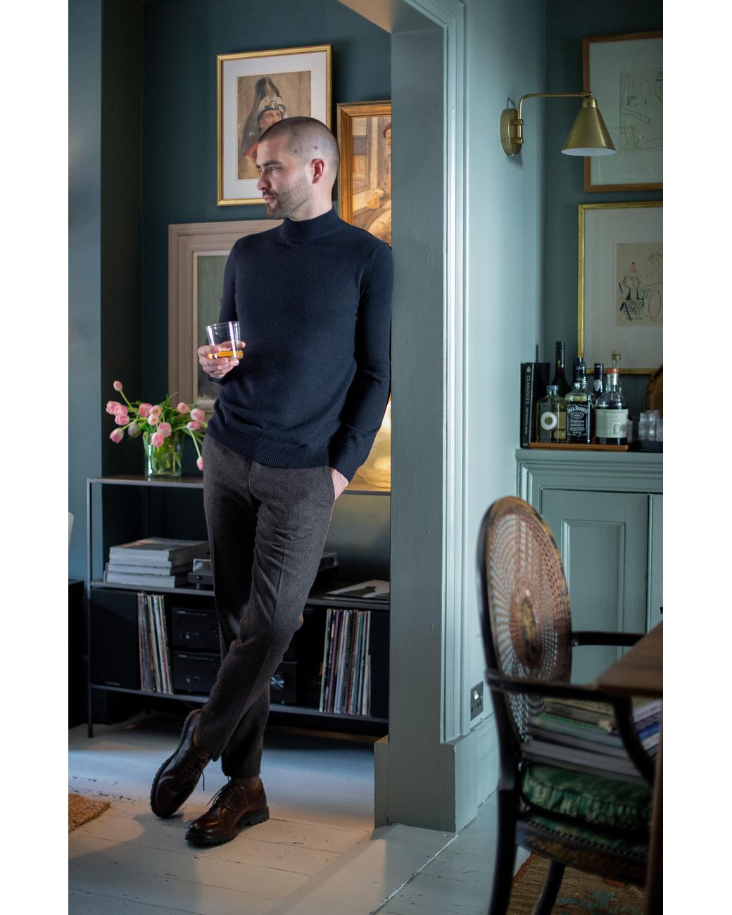Paul James Knitwear Blue Lightweight Merino Cashmere Tristan Mock Turtle Neck Jumper for men