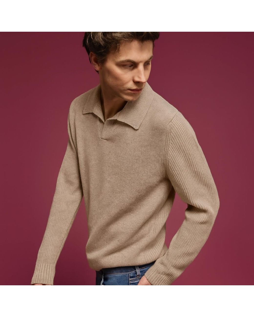 Salts Cashmere Gray Neutrals Polo Sweater With Fishermens Rib Detailing