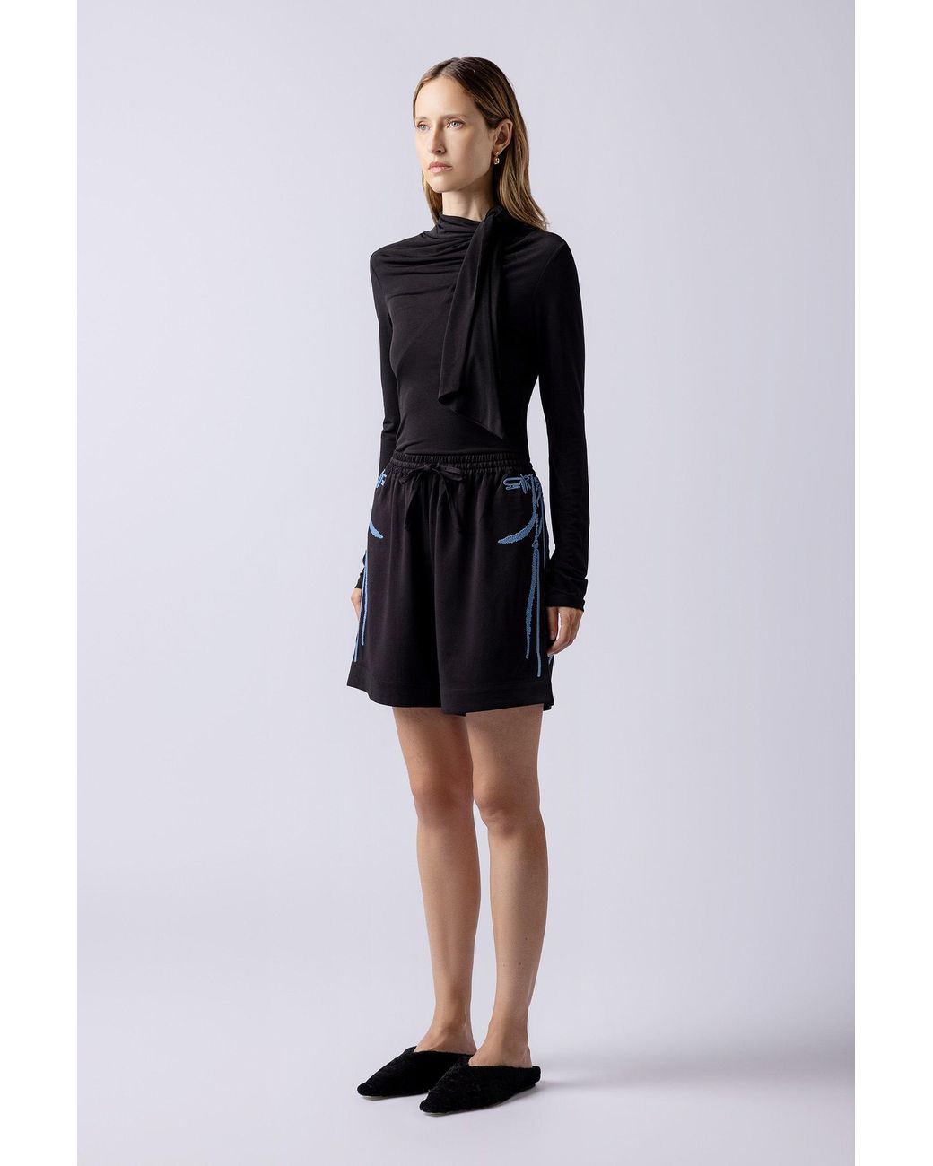 Lendrop Studios Black Leiko Crepe Long Embroidered Shorts