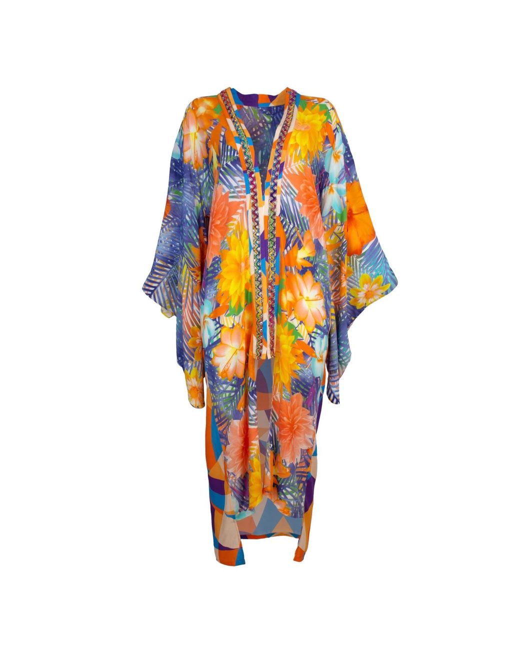 Lalipop Design Orange Viscose Kimono With Embroidery & Fringe Details