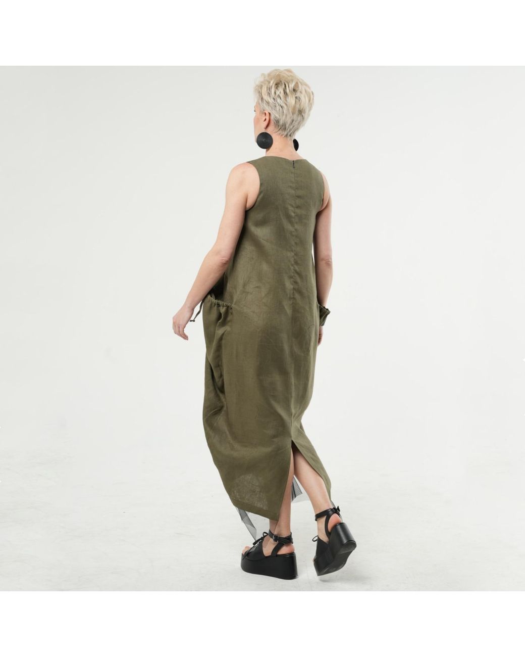 Metamorph Green Long Linen Dress With Oversized Pockets