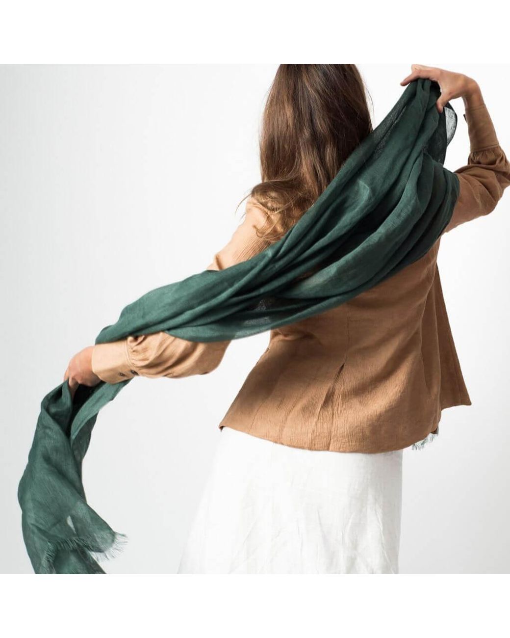 Variously Green Moss Dark Soft Linen Silk Handwoven Artisanal Scarf