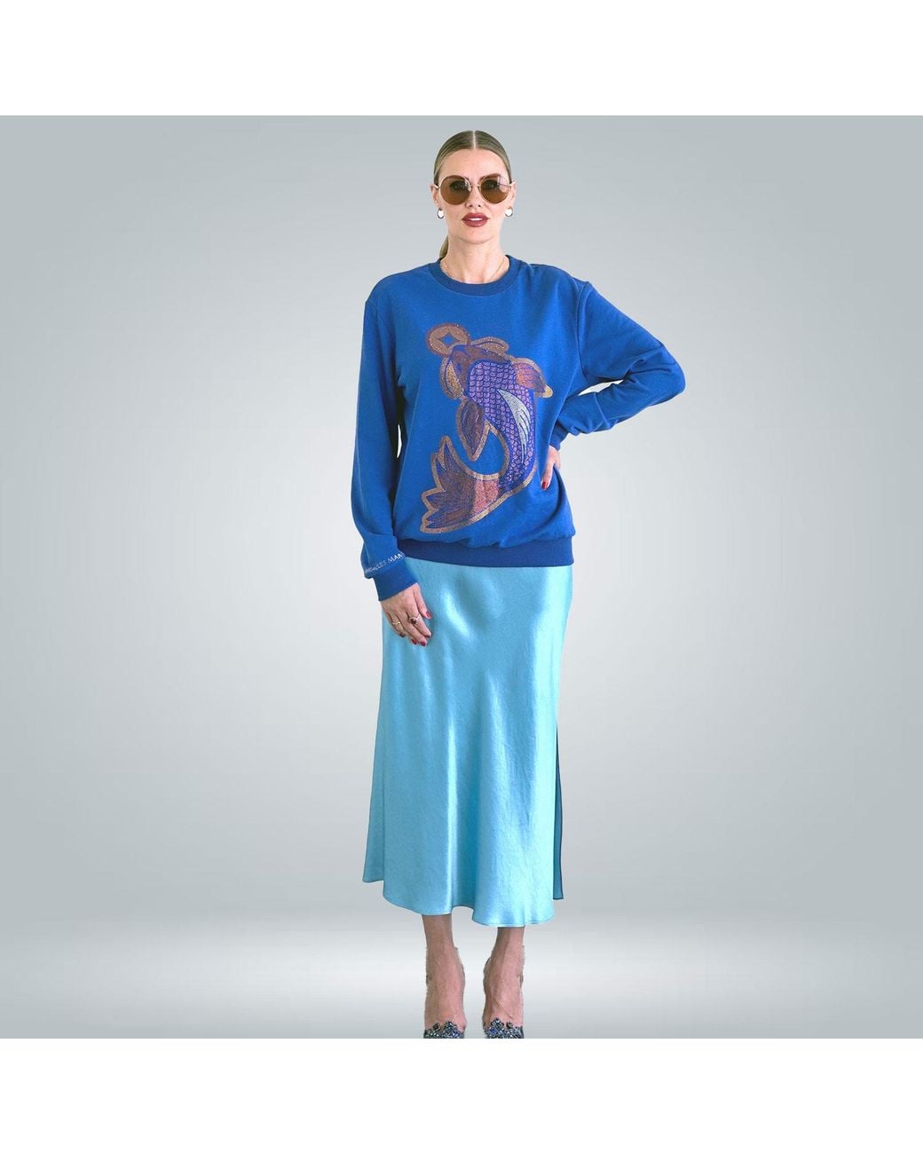 Miracles Manifester Blue Koi Fish Lucky Feng Shui Rhinestoned Sweatshirt