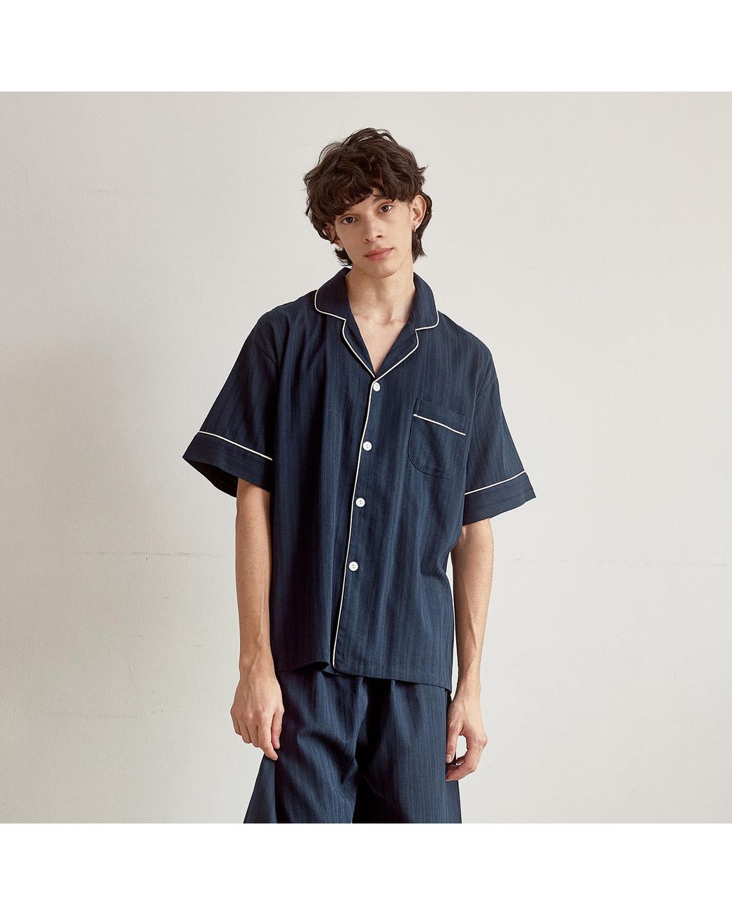 Luna Luz Blue Le Blanc Textured Cotton Short-Sleeve Pajama Set – for men