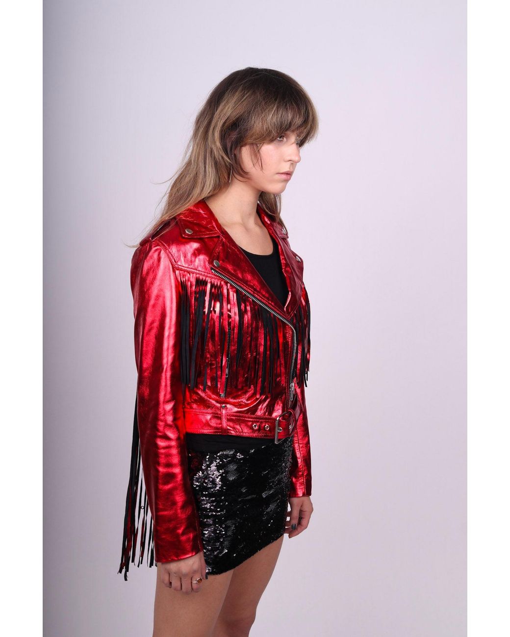 Any Old Iron Red Metallic Peril Leather Fringe Moto Jacket