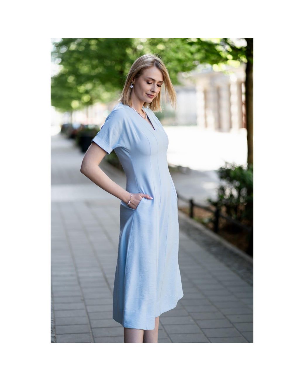 Oh!Zuza Blue Echo Viscose Midi Dress Short Sleeve With Pockets