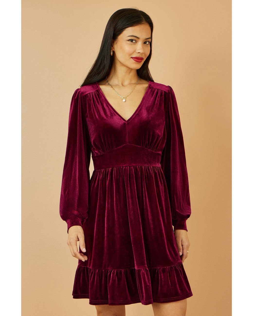 Yumi' Red Burgundy Velvet Long Sleeve Skater Dress
