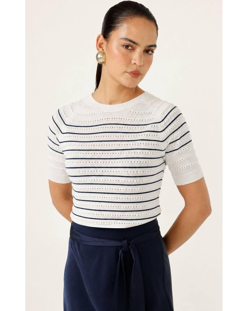 SACHA DRAKE White Eyelet Stripe Knit Top