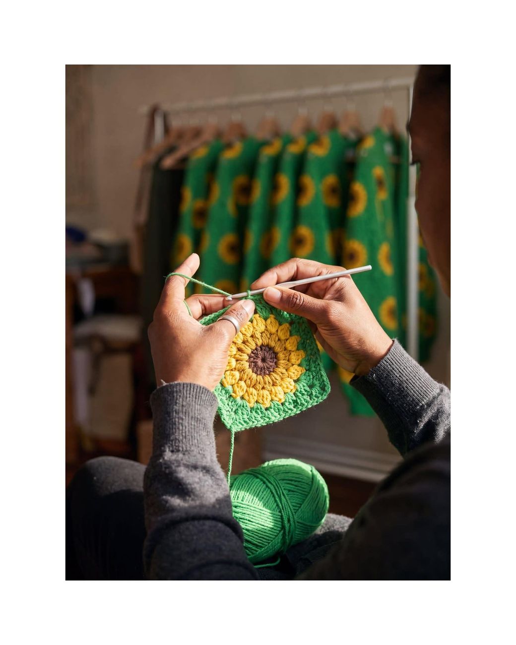 Ana Chic Green Grass Sunflower Handmade Crochet Cardigan