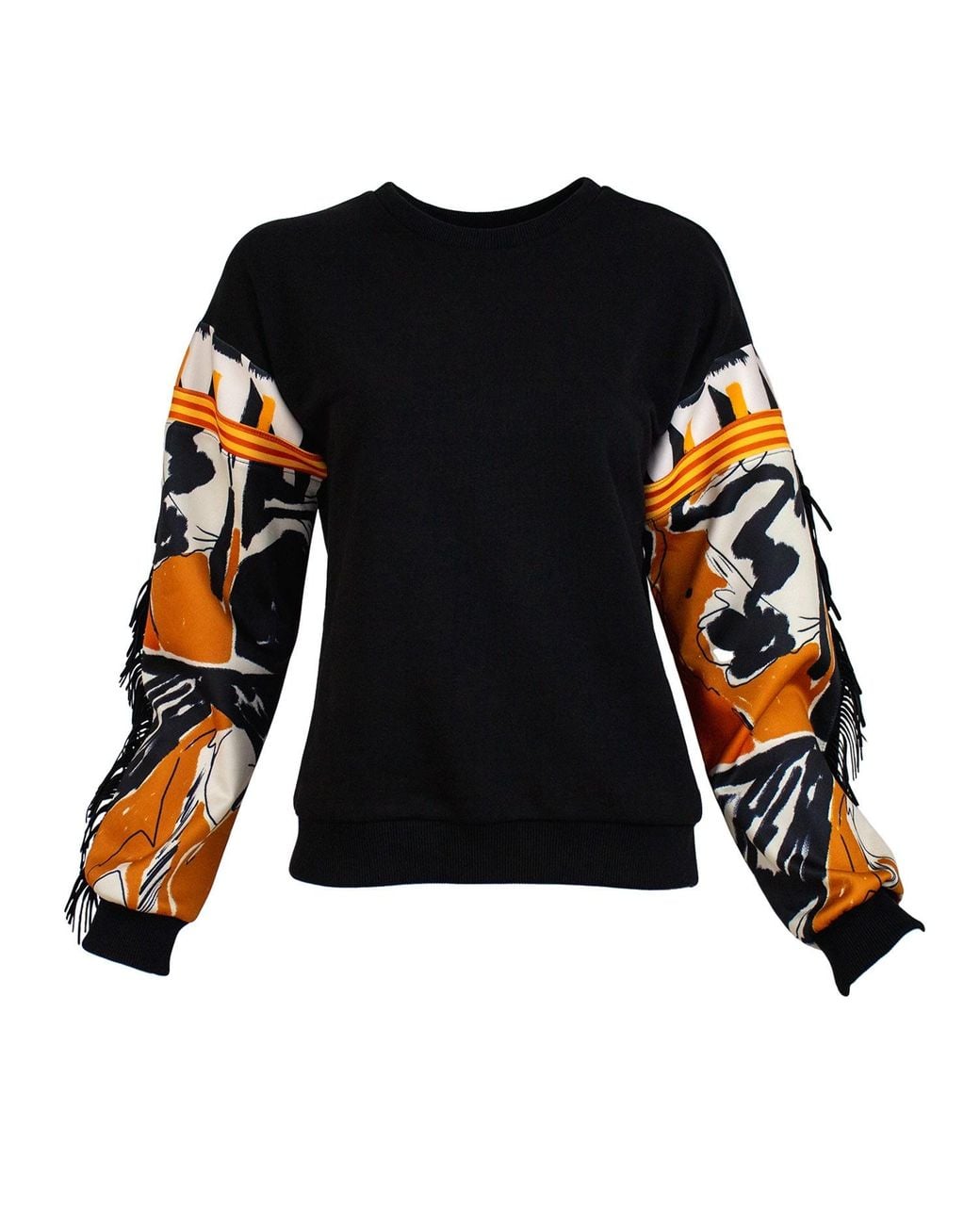 Lalipop Design Black Sweatshirt With Printed Sleeves & Suede Fringe Details