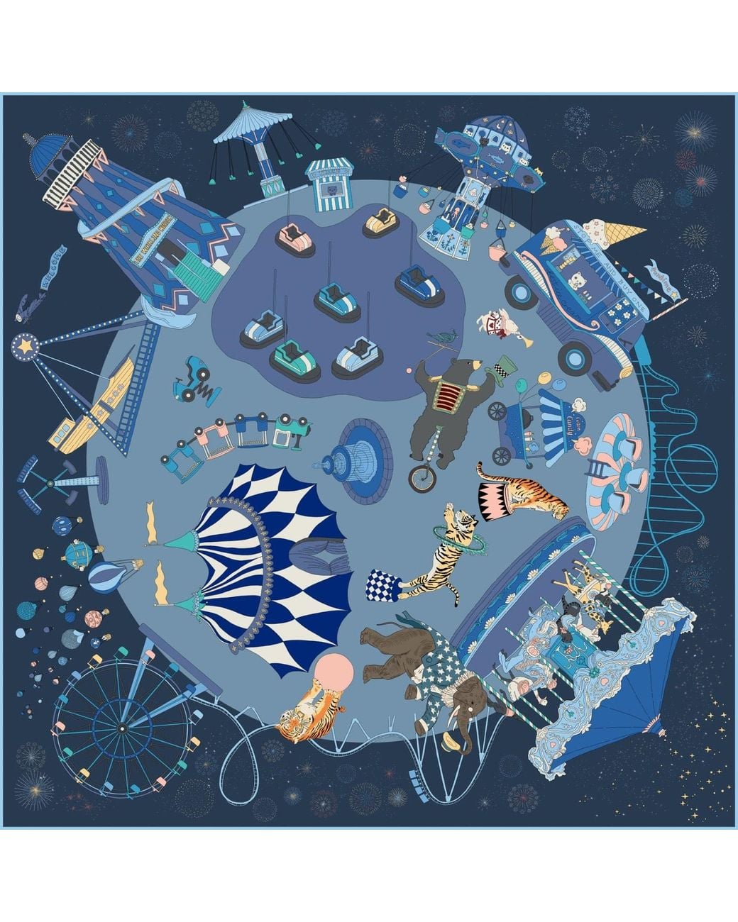 Wenzi Blue Carnival Wonderland Hand Painted Pattern Double Sided Silk Twill Scarf