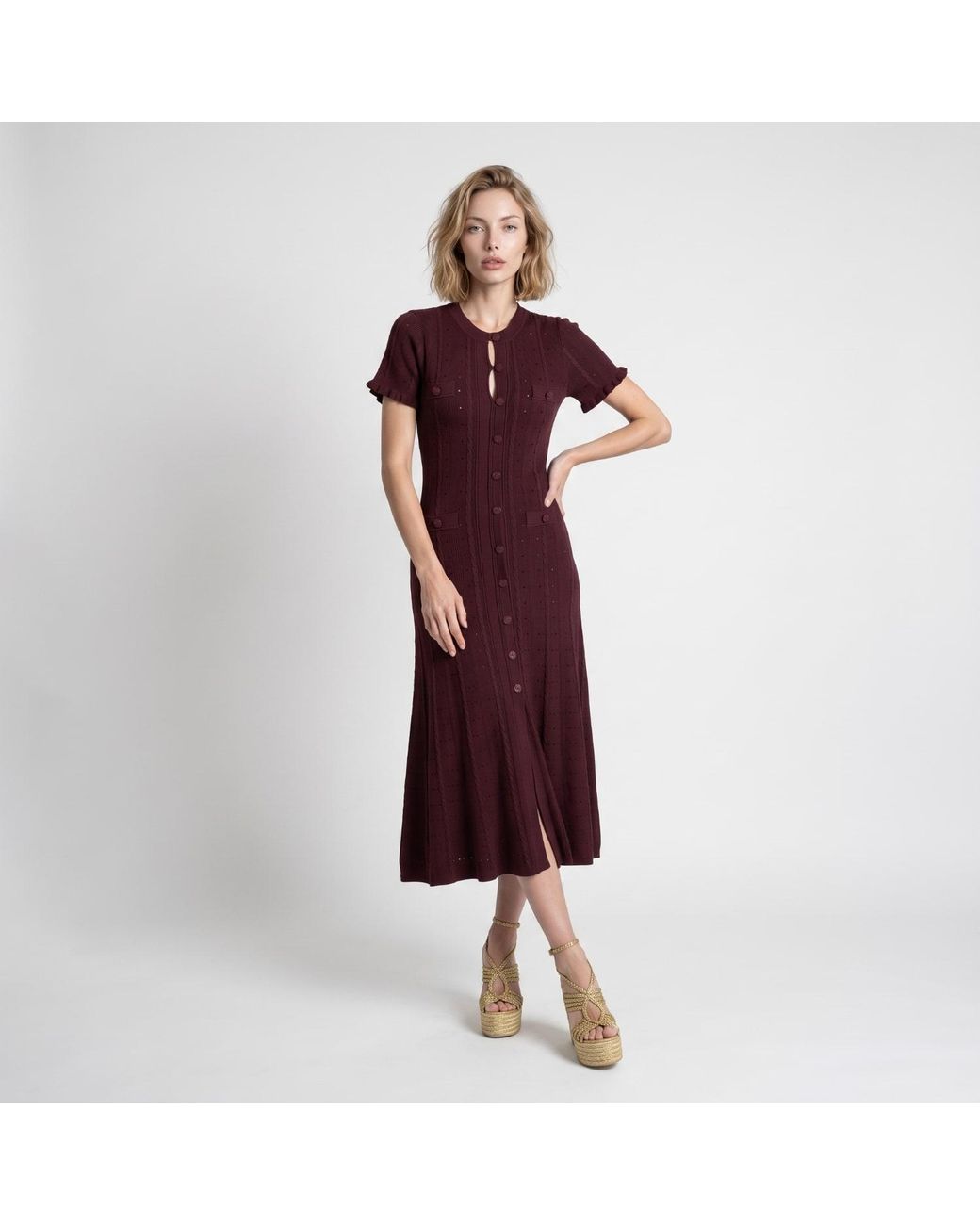 Modenaire Purple Textured Knit Midi Dress Clean Silhouette