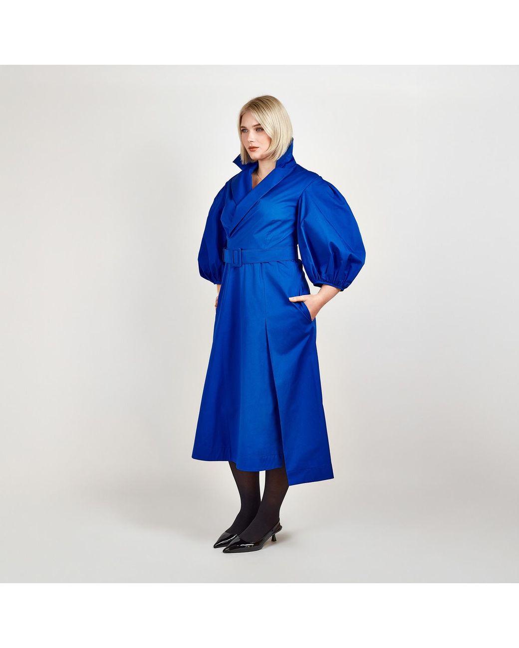 Femponiq Blue 'Wide Lapel Asymmetric Belted Midi Cotton Dress