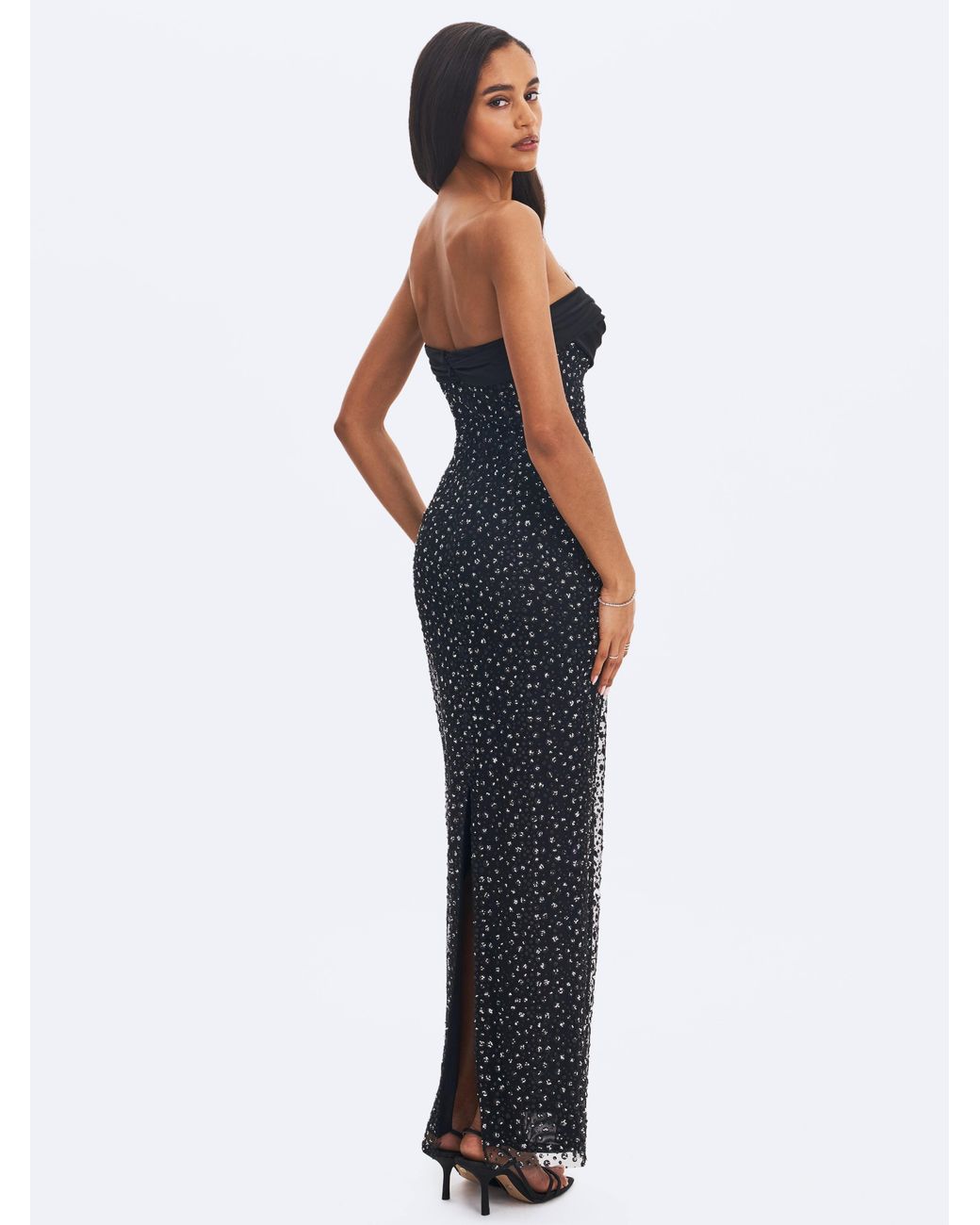 Miss Circle New York Black Preslie Satin & Crystal Mesh Sheath Maxi Dress