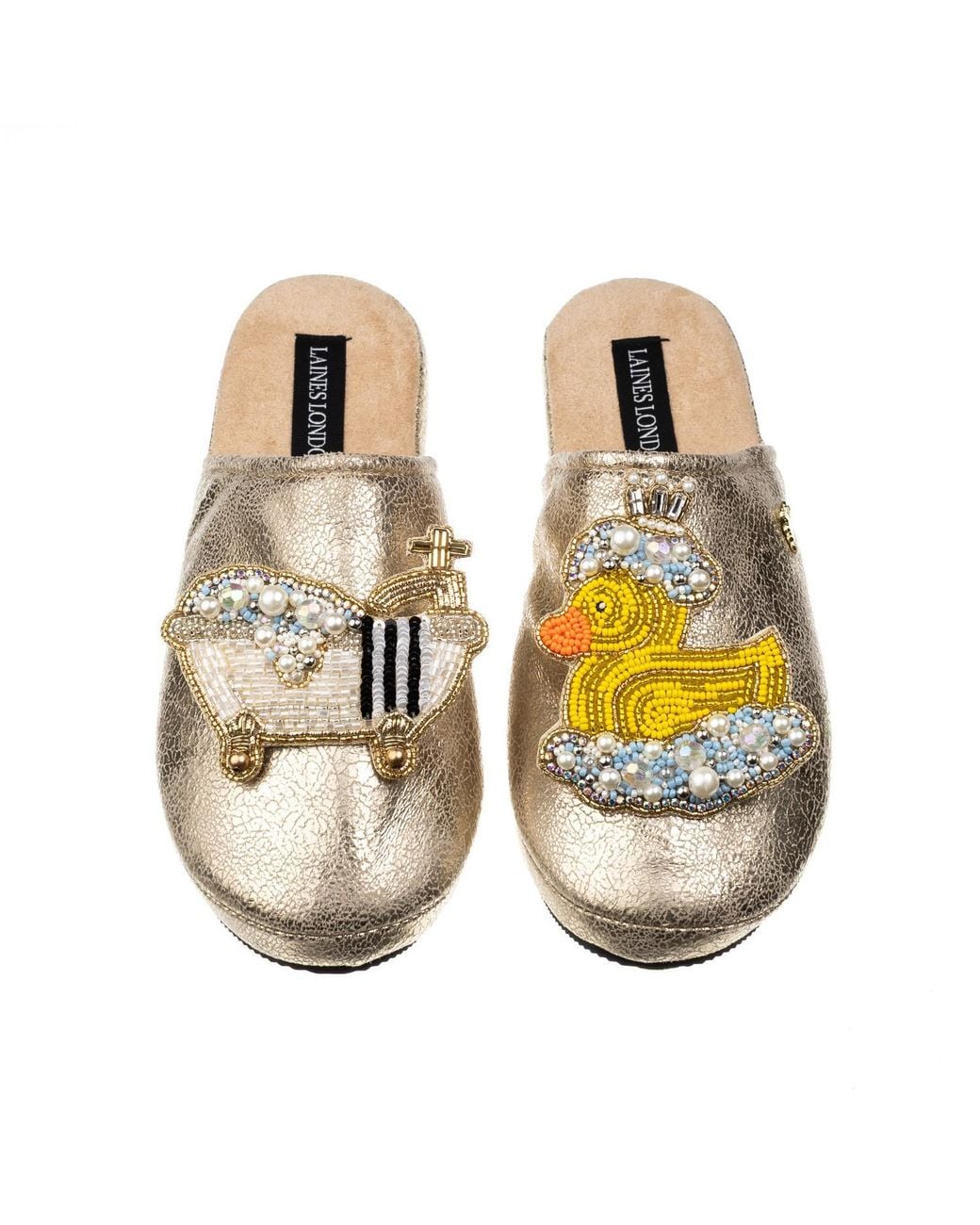 Laines London Metallic Softie Slippers With Rubber Duck Bath Queen Brooches