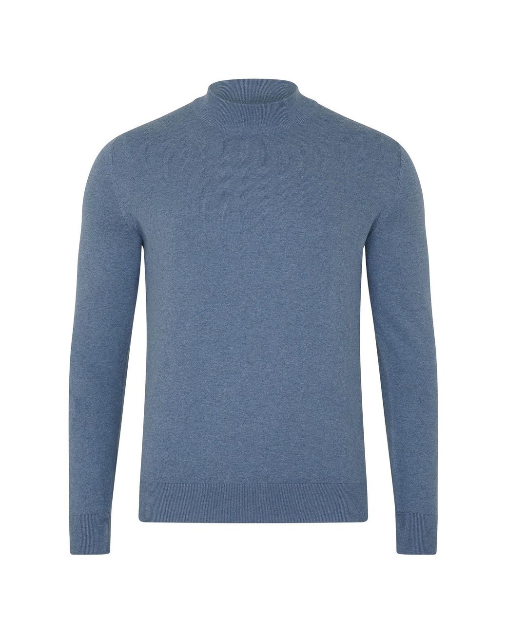 Paul James Knitwear Blue Ultra Fine Cotton Mock Turtle Neck Spencer Jumper for men