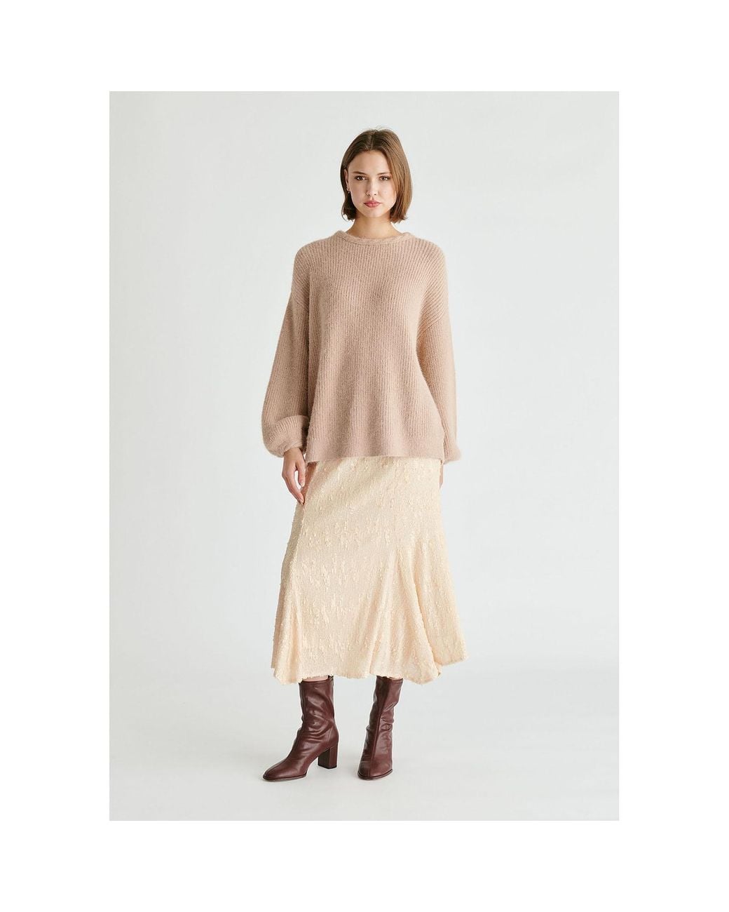Paisie Natural Balloon Sleeves Jumper With Cable Details
