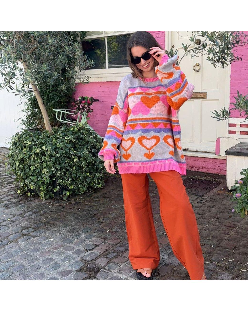 Cara & The Sky Pink Poppy Heart Intarsia Balloon Sleeve Oversized Jumper