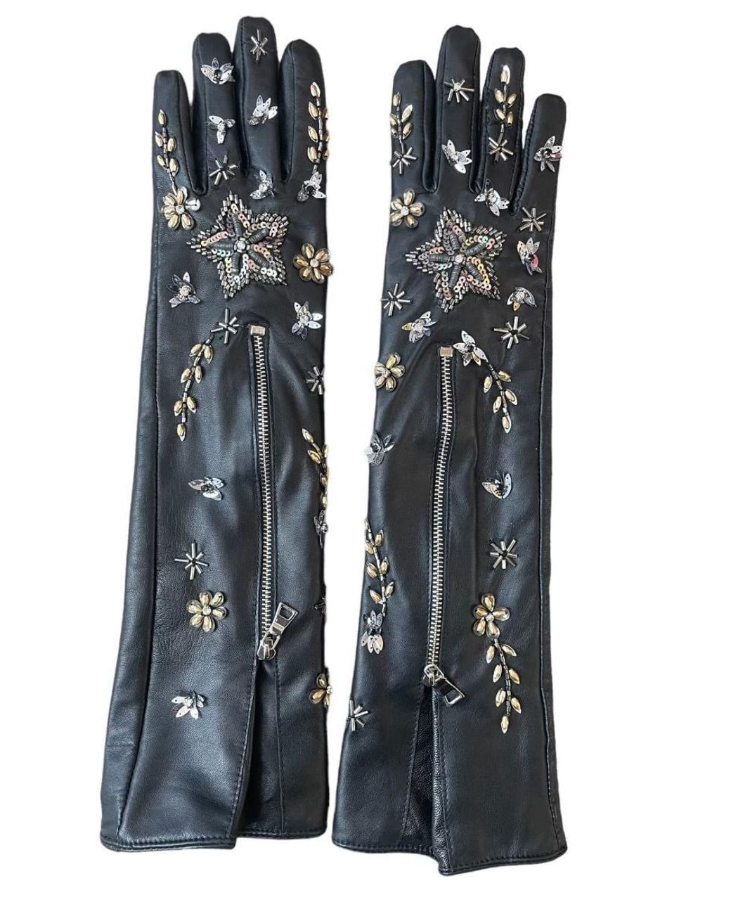 Any Old Iron Black Hand-Beaded Crystal Zip Leather Gloves