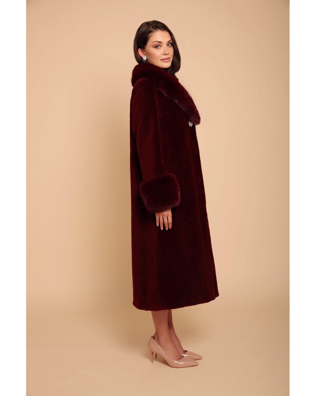Santinni Red Sunset Boulevard Long Wool Coat With Faux Fur Collar