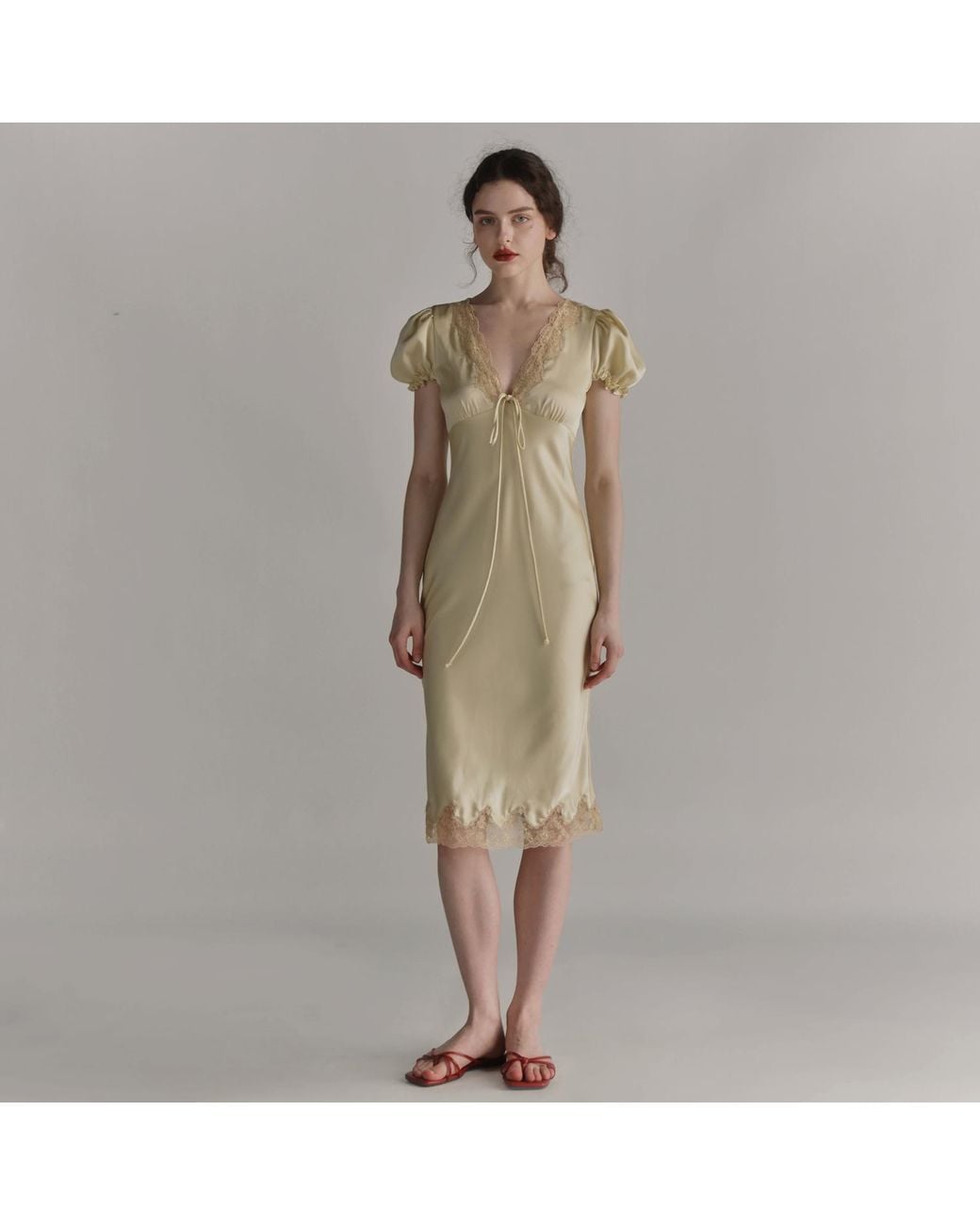 Belsize25 Metallic Lemon Tart Dress – Lace-Trim Bias-Cut Satin Dress