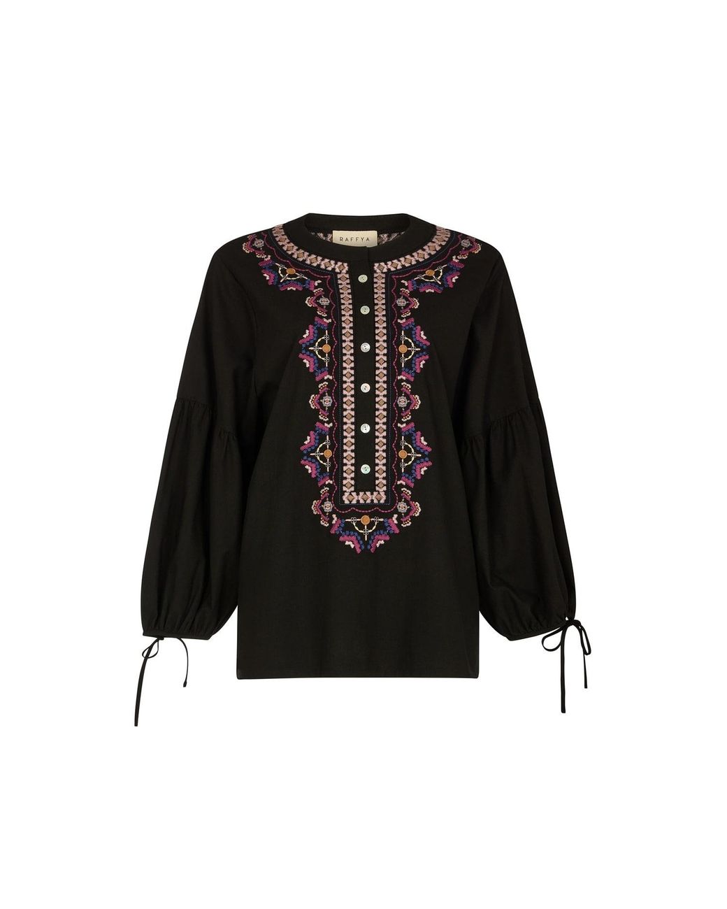 Raffya Black Anai Half Placket Embroidered Blouse