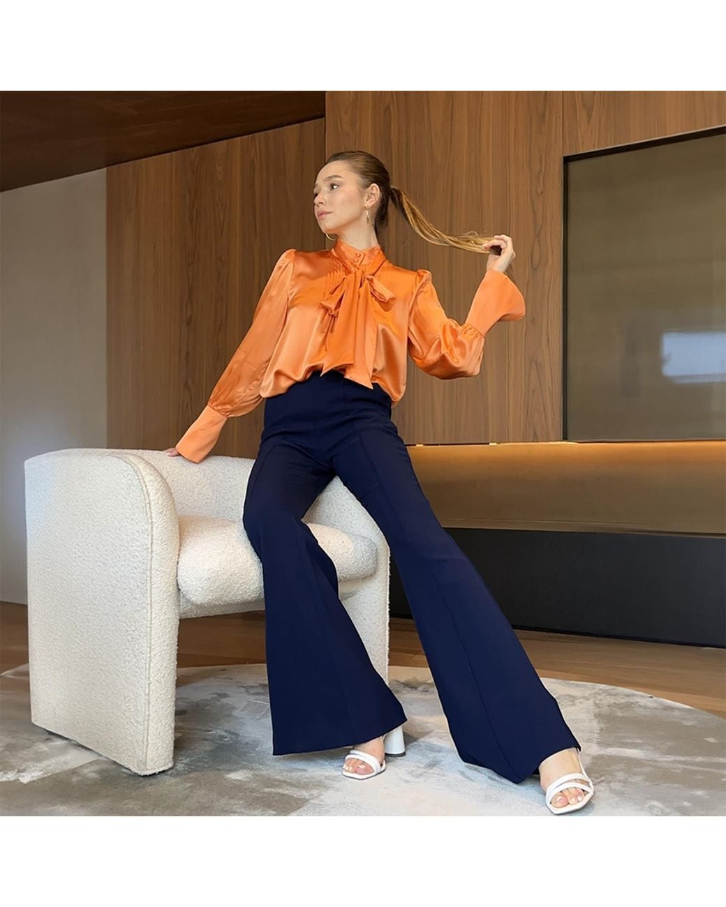 Solgo Atelier Orange Phaius Long Puff Sleeve Silk Charmeuse Blouse With Pintuck Details And Removable Bowtie
