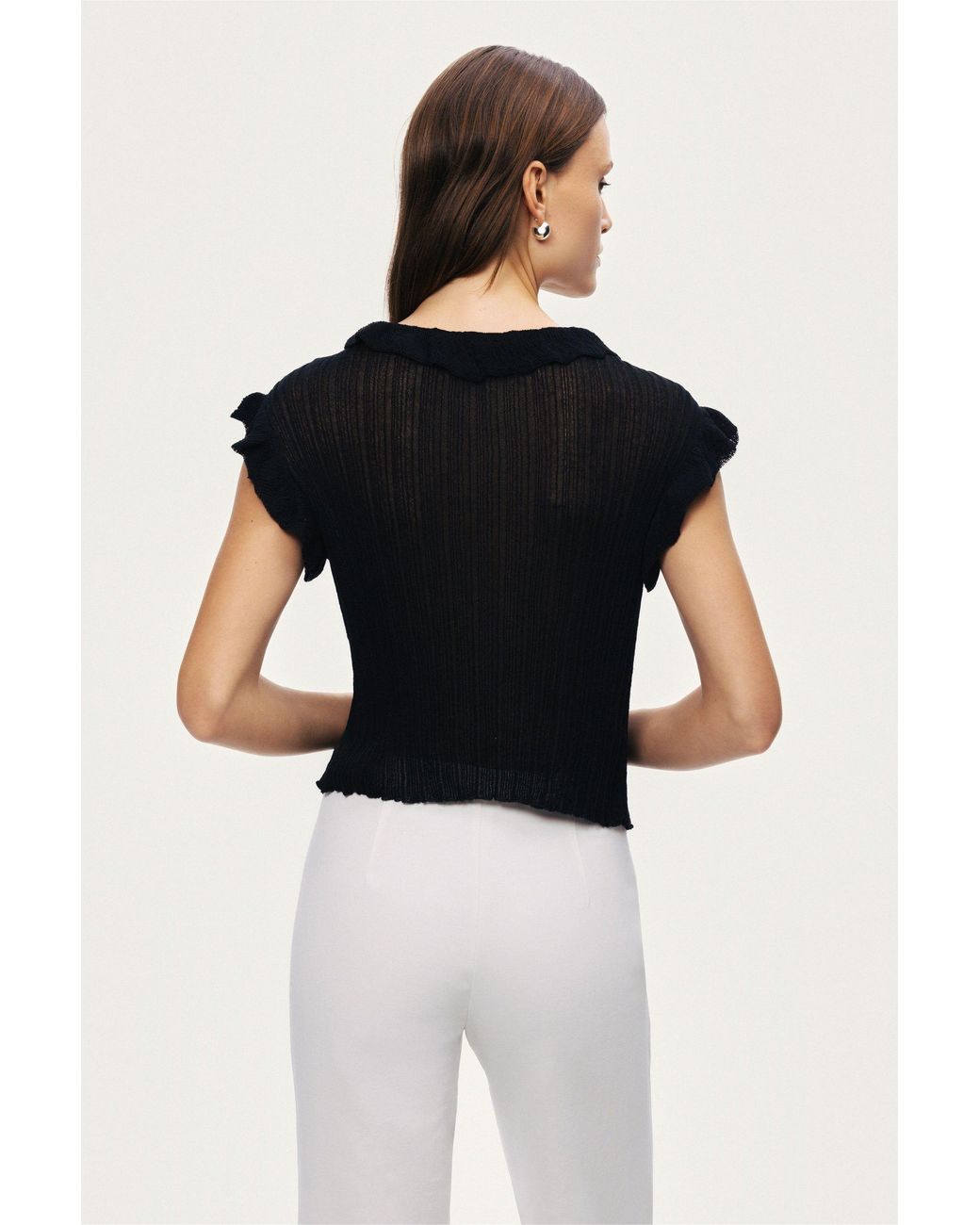 Nocturne Black Ruffled V-Neck Sheer Blouse