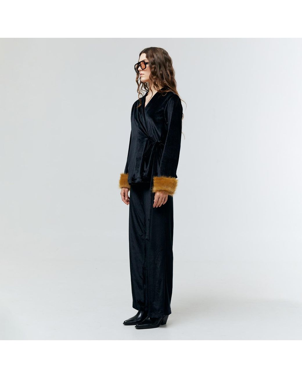 Ats the Label Black Aurielle Velvet Fur Cuff Top