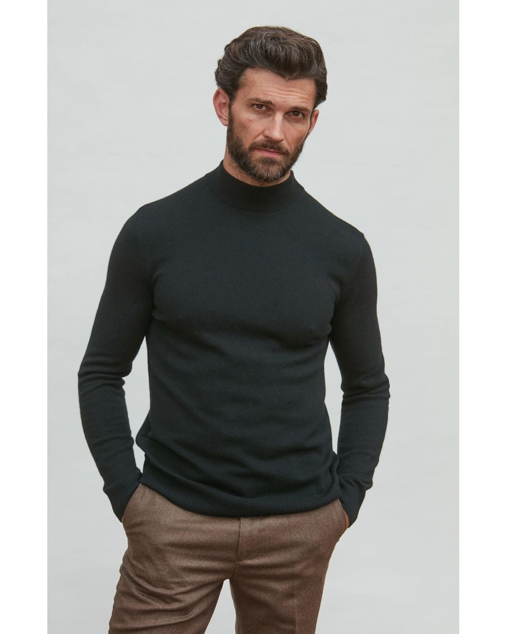 Paul James Knitwear Black Lightweight Merino Cashmere Tristan Mock Turtle Neck Jumper for men