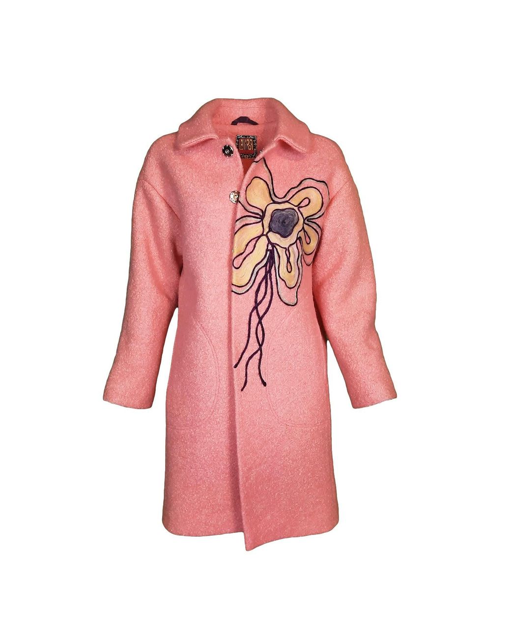 Lalipop Design Pink Wool Blend Coat With Flower Embroidery
