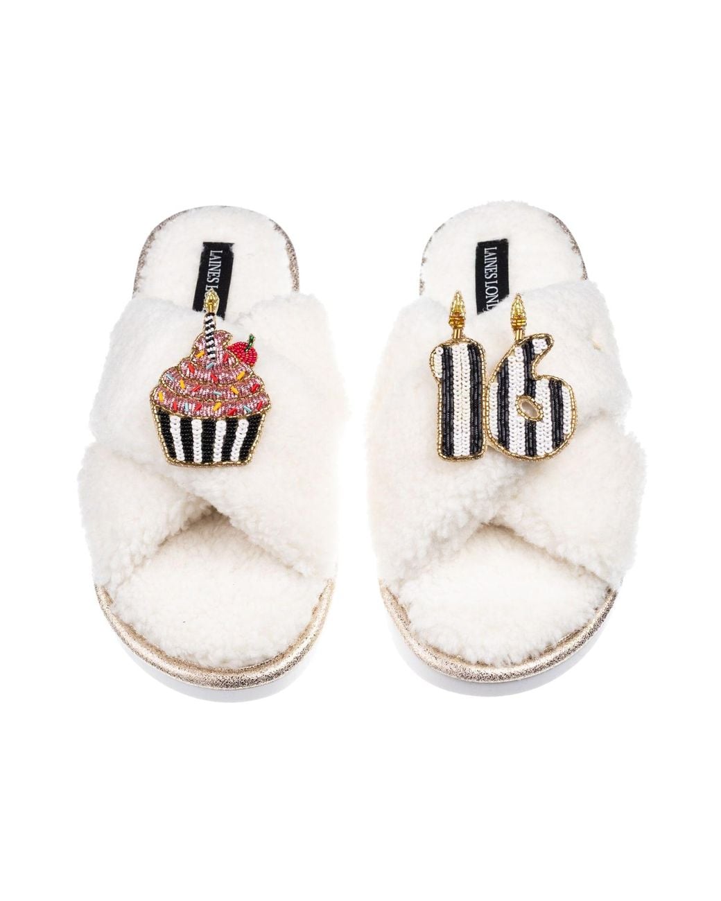 Laines London White Neutrals Laines Neutral Boucle Slippers With Stripe 16Th Birthday & Cake Brooches