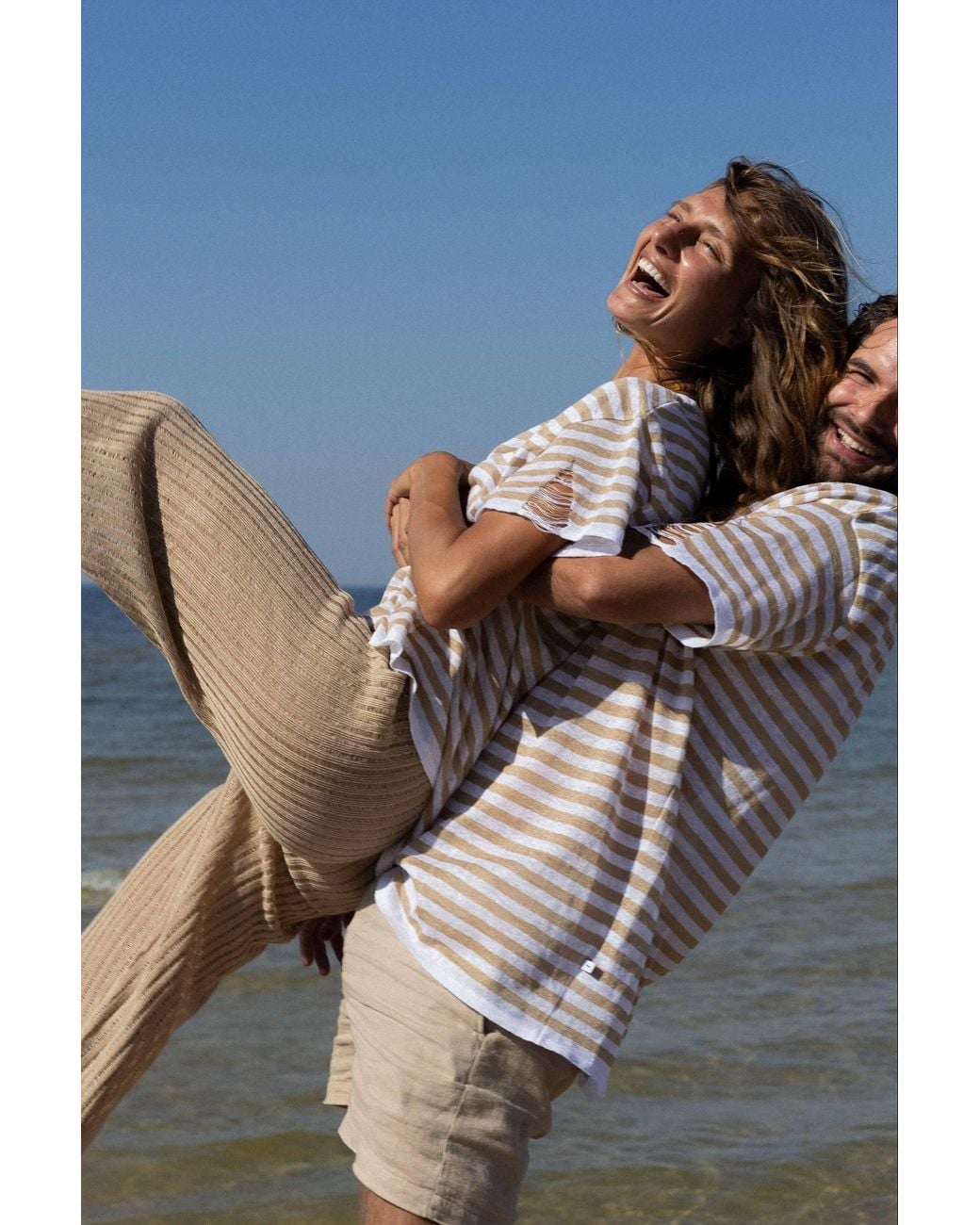 SALANIDA White Energia Ripped Linen T-Shirt Caramel Striped