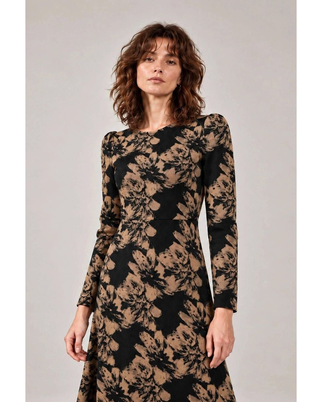 James Lakeland Black Camel Floral Long-Sleeve Midi Dress