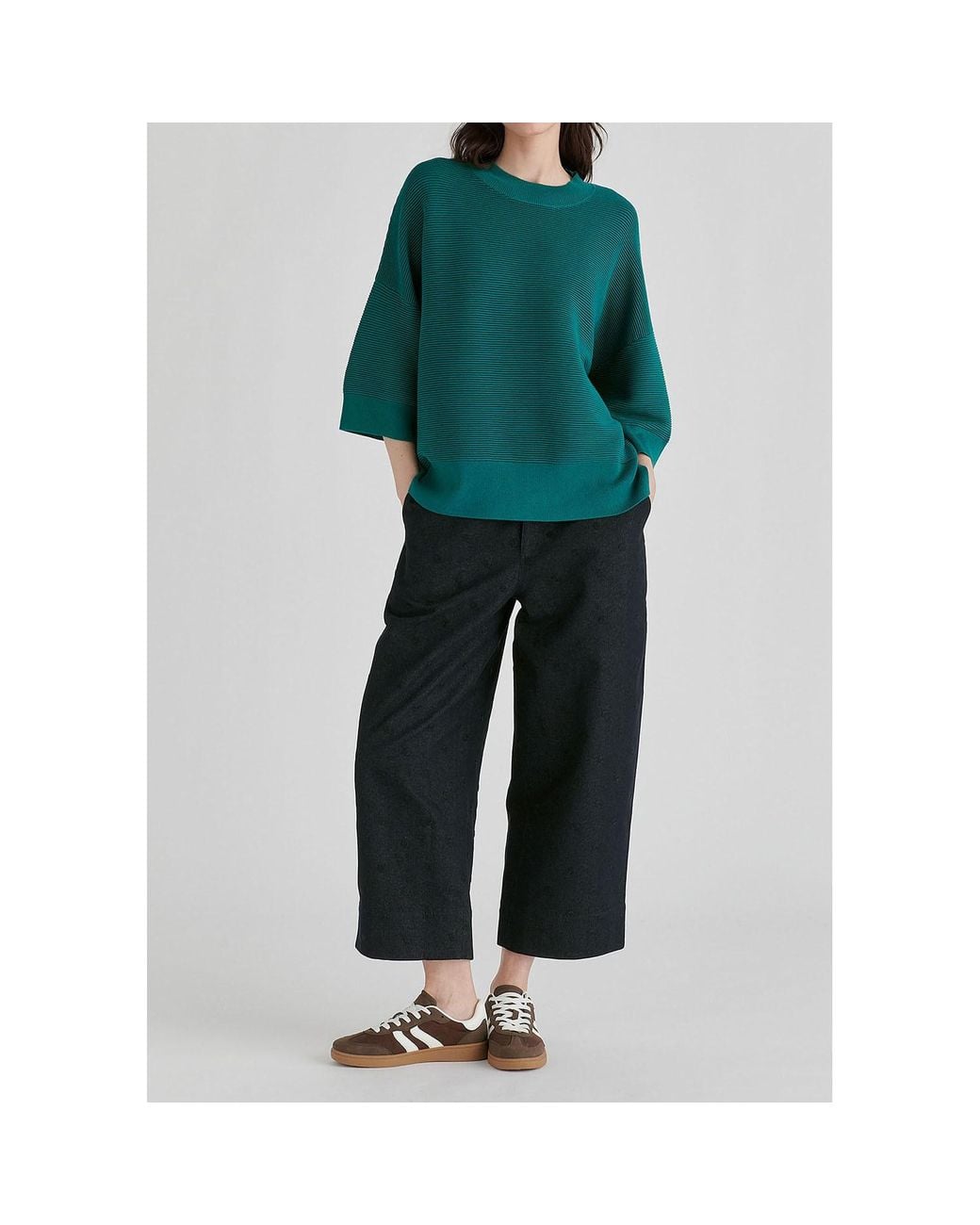 Paisie Green Mock Neck Cropped Sleeve Ribbed Jumper