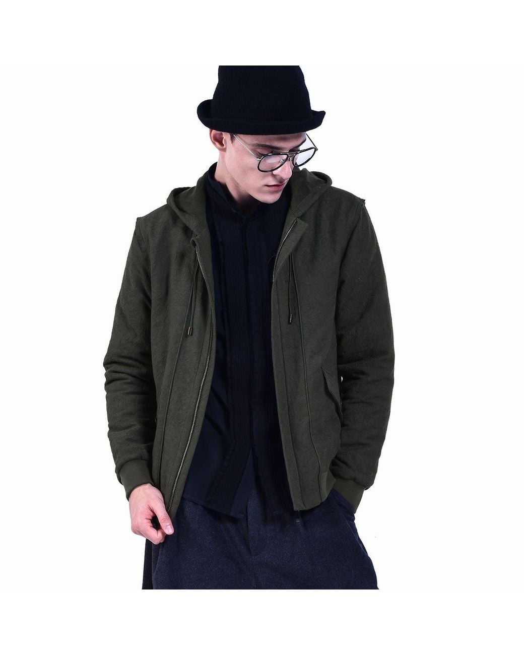 Smart and Joy Green Hooded Cotton Jacquard Jacket for men