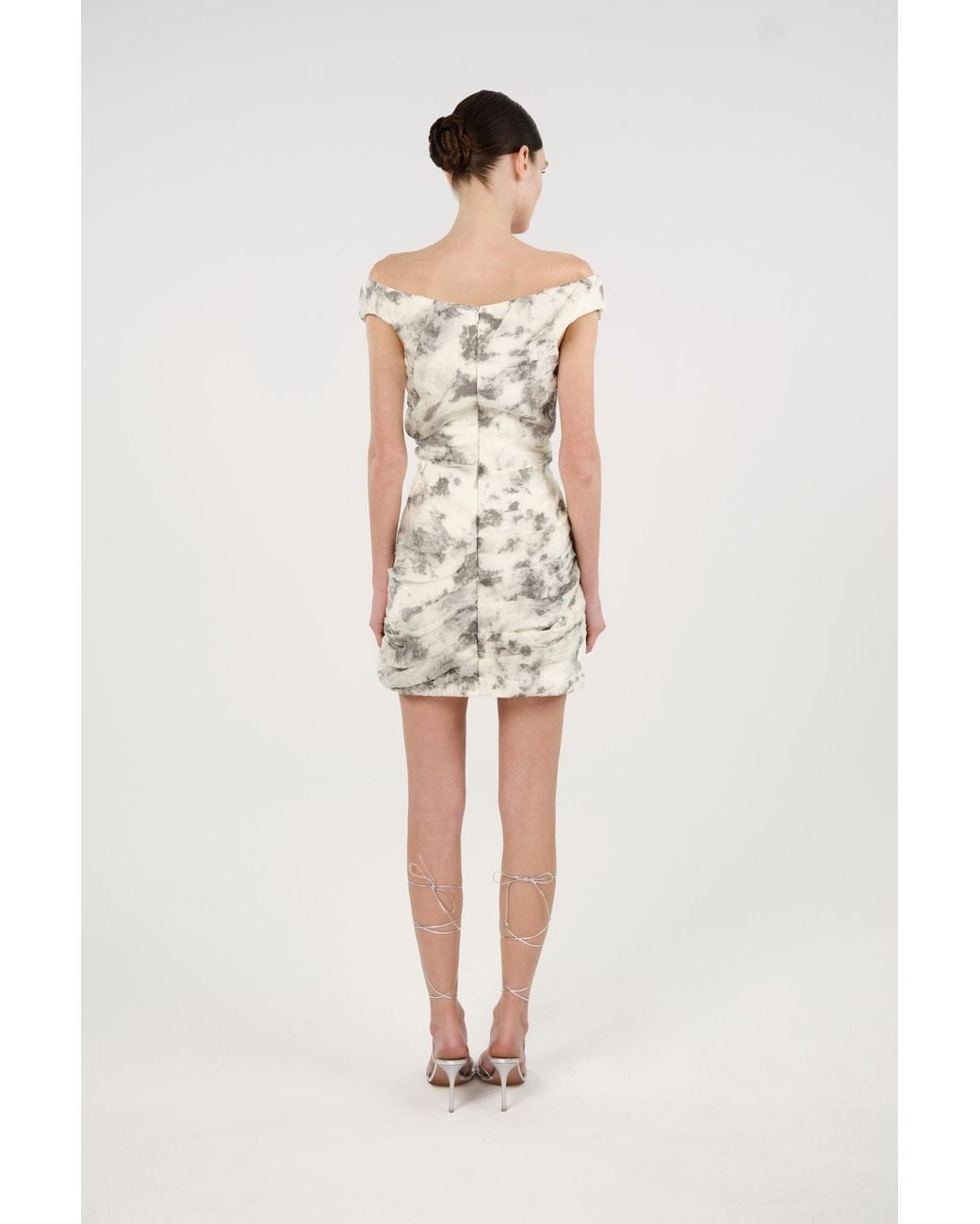 Nocturne Gray Abstract Print Off-Shoulder Ruched Mini Dress