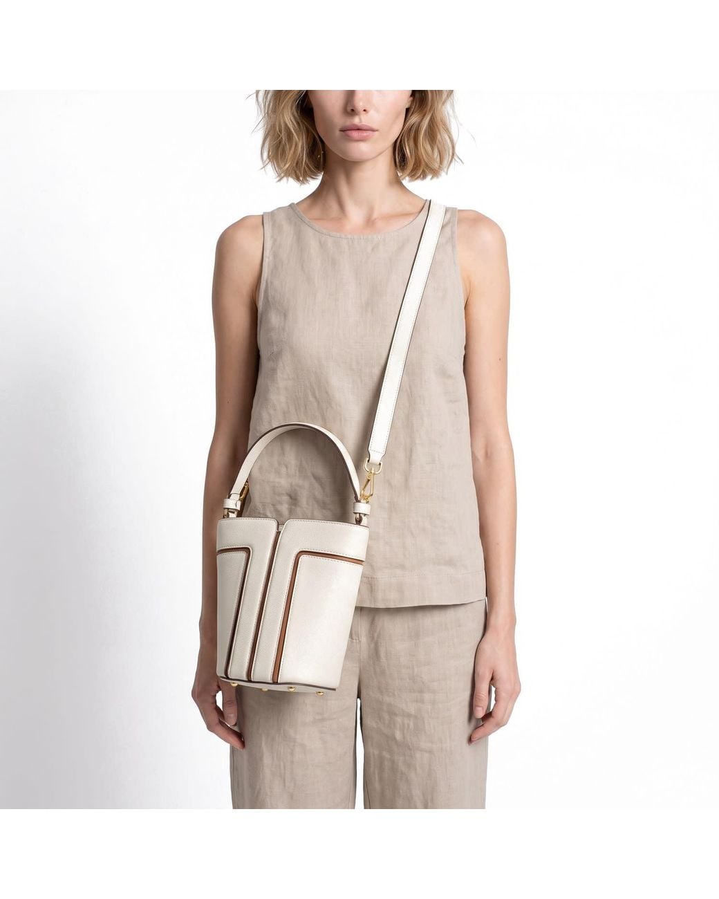 Modenaire White Neutrals Structured Mini Bucket Bag With Top Handle And Crossbody Strap