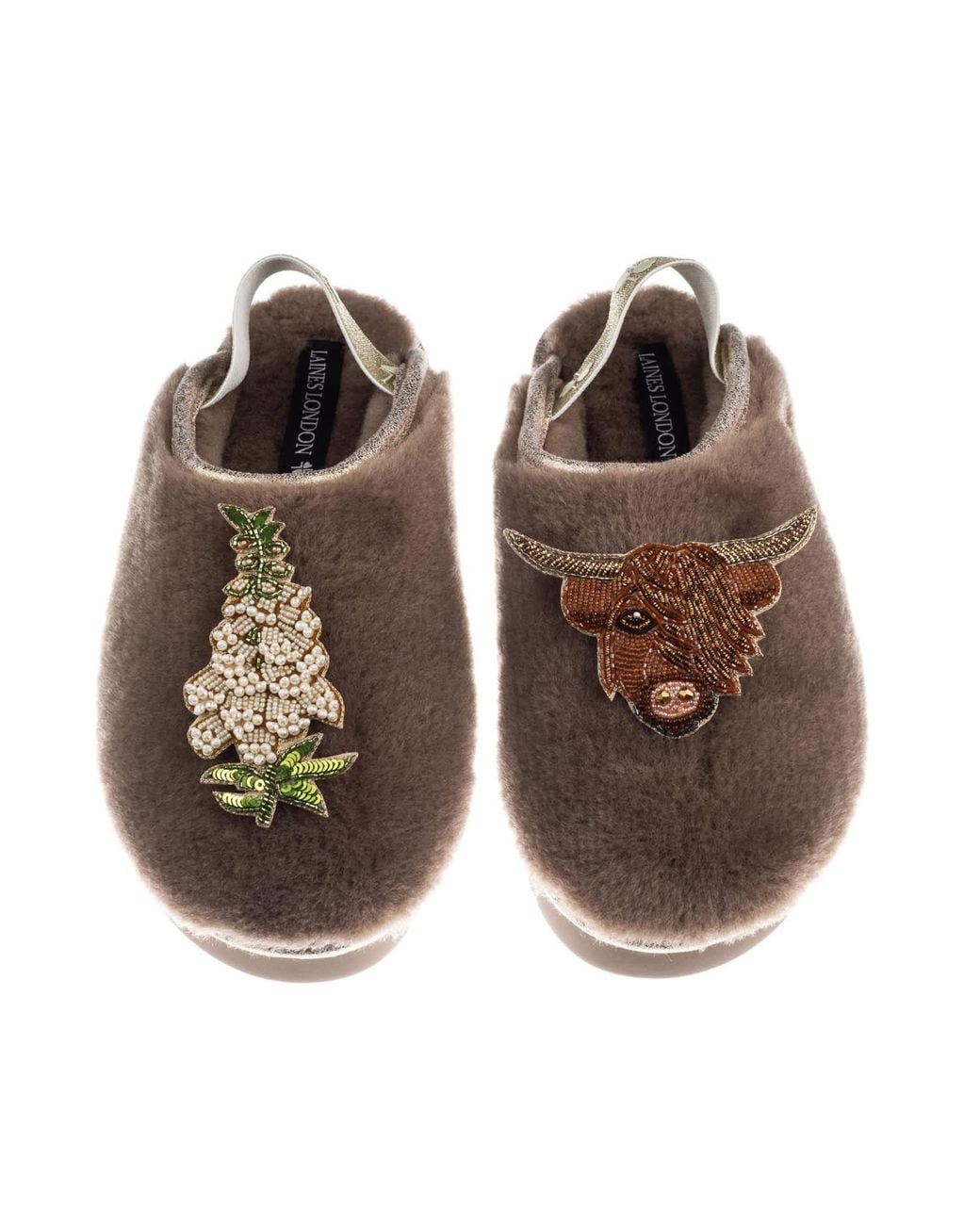 Laines London Brown Neutrals Flatform Cloud Closed Toe Slippers With Highland Cow & Foxglove Flower Brooches