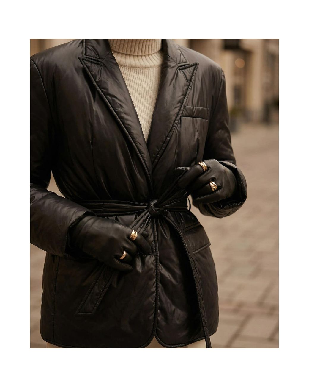 concept A trois Black Caviar Belted Quilted Blazer