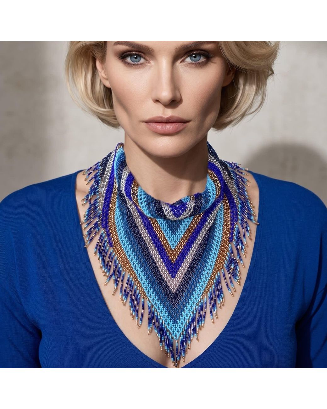 Iliana Arrazola Blue Scarf Fringe Necklace, Glass Beads, Beaded Jewelry