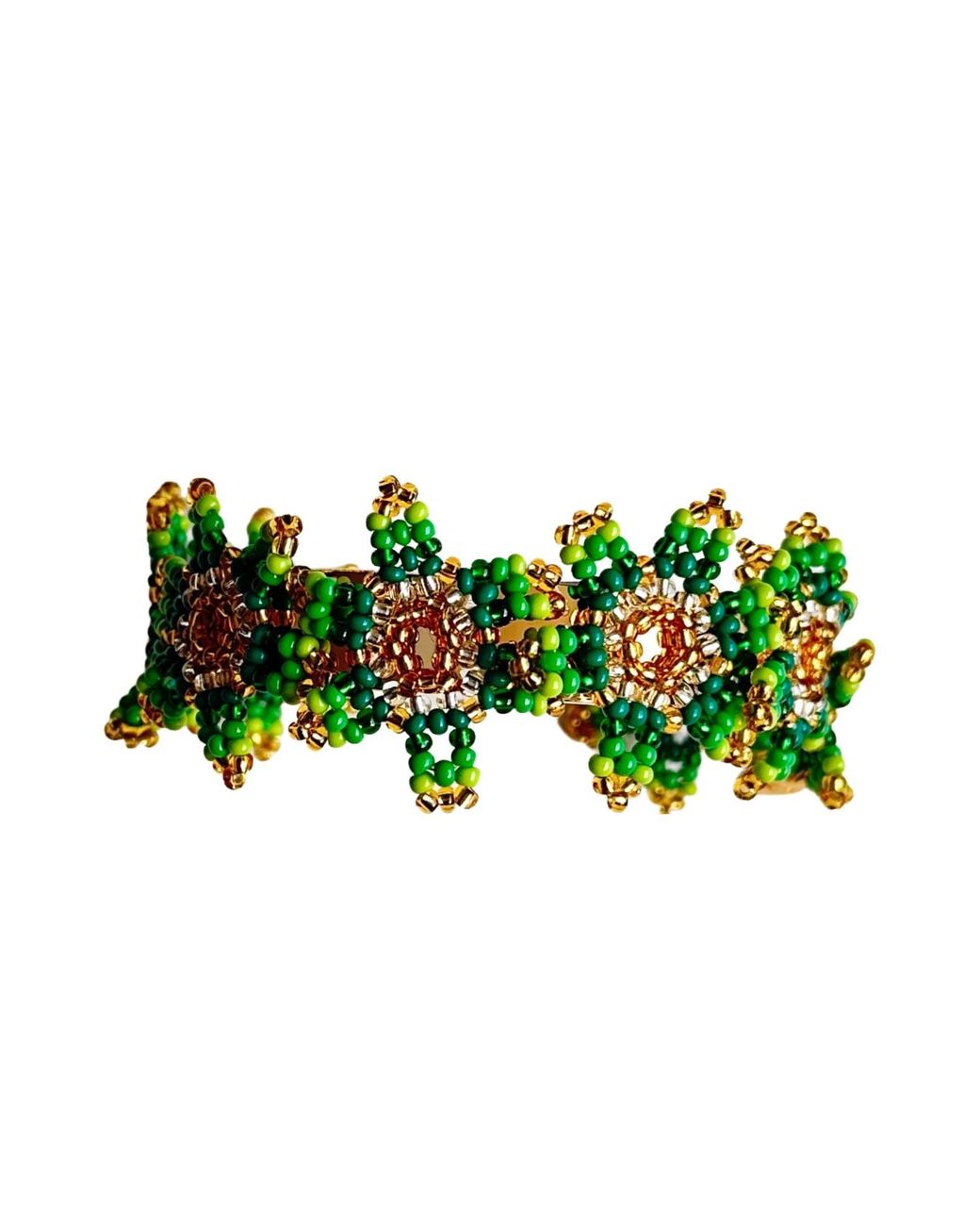 Iliana Arrazola Green Waterfall Blossom Cuff Bracelet, Glass Beads, Beaded Jewelry