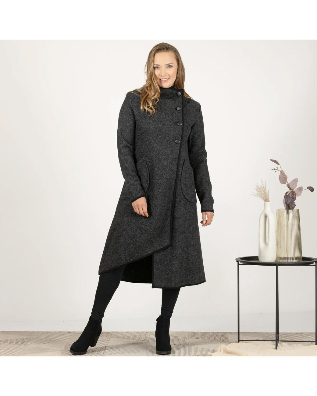 Nikka Place Black Asymmetrical Boiled Wool Cardigan With Buttons And High Neck