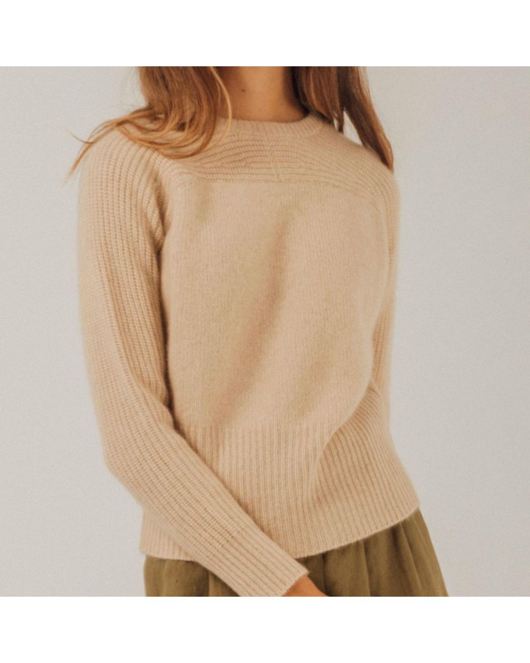 Bel Cashmere Gray Neutrals Ribbed Sleeves Organic Cashmere Sweater